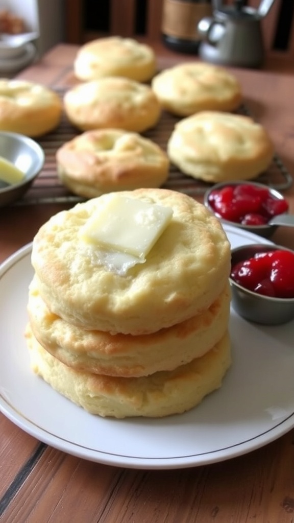 Golden brown self-rising flour biscuits stacked on a plate with butter and jam.